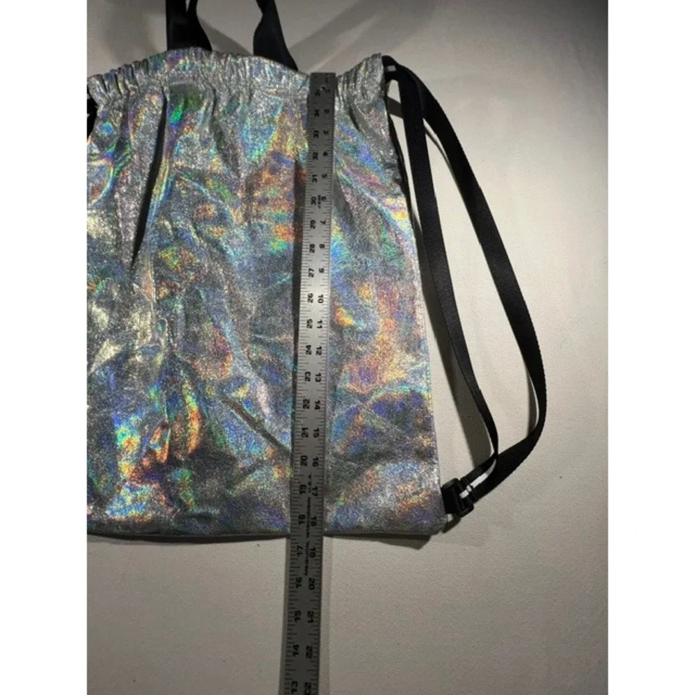 PINK Drawstring Backpack Womens OS Silver Holographic Excellent Iridescent Logo